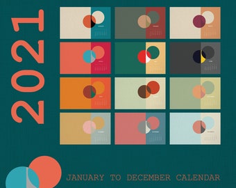May include: A 2021 calendar with a geometric design. Each month features a different color scheme and a circle divided into sections. The text "JANUARY TO DECEMBER CALENDAR" is at the bottom of the image.