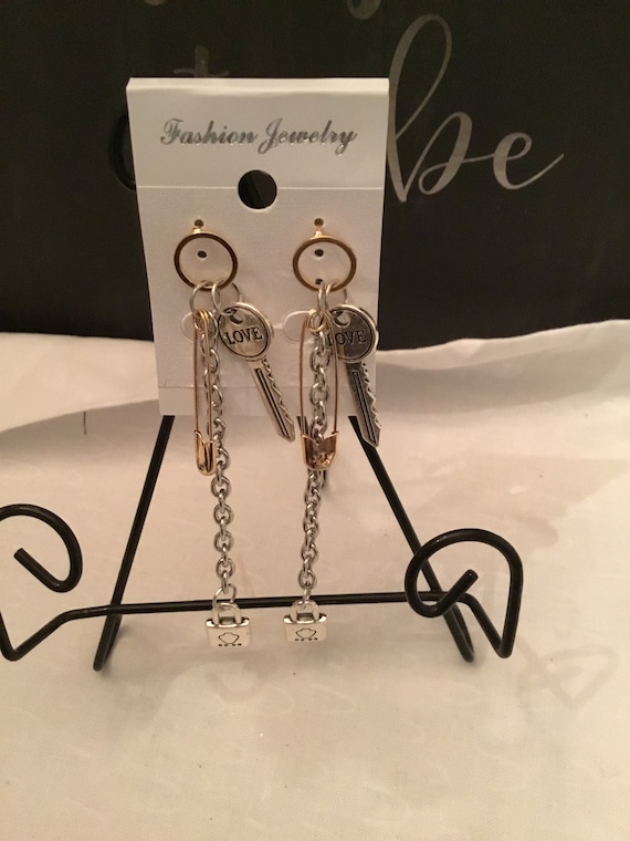 Keys lockets Safety pins dangling earrings - image 1