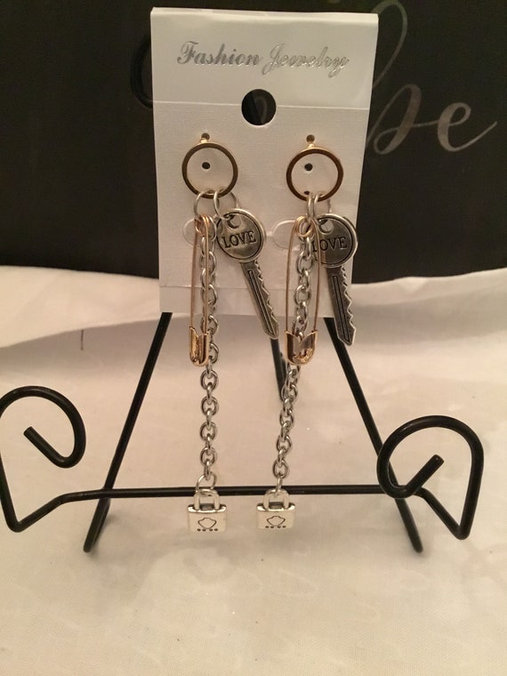 Keys lockets Safety pins dangling earrings - image 2