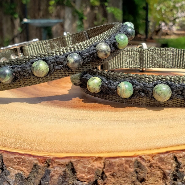 Jade Dog Collar - Crystal Dog Collar - Crystal Healing Collar - Dog Chakra Collar - Dog Collar - Hemp Dog Collar - Handmade Dog Collar - Dog