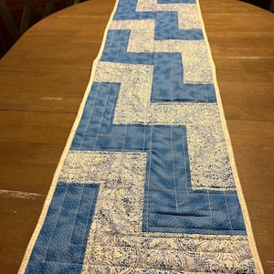 Pu&ograve; includere: Runner da tavolo trapuntato blu e bianco con un design geometrico. Il runner presenta blocchi alternati di tessuto blu tinta unita e tessuto bianco fantasia con accenti blu. I bordi sono rifiniti con un bordo bianco.