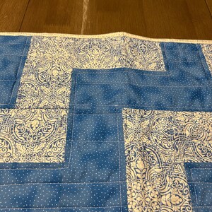Pu&ograve; includere: Una tovaglia trapuntata blu e bianca. La tovaglia presenta un motivo di tessuto blu con pois bianchi e sezioni con un motivo floreale bianco. I bordi sono rifiniti con un bordo e cuciture bianche.