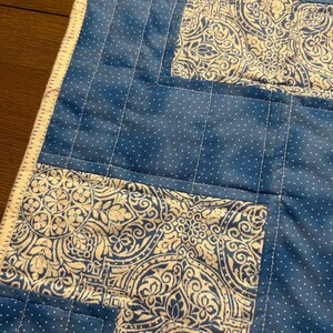 Pu&ograve; includere: Primo piano di un tessuto trapuntato blu e bianco. Il design combina pois con motivi color crema ornati. La trapunta &egrave; cucita con filo bianco e i bordi hanno un bordo bianco. Articolo fatto a mano.