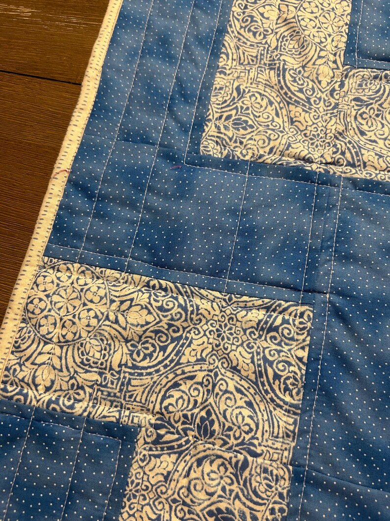 Pu&ograve; includere: Primo piano di un tessuto trapuntato blu e bianco. Il design combina pois con motivi color crema ornati. La trapunta &egrave; cucita con filo bianco e i bordi hanno un bordo bianco. Articolo fatto a mano.