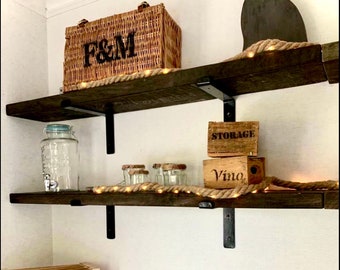 Handmade Solid Oak Shelf with Black Iron Brackets, Rustic Industrial Style | 5x16cm Supported Shelf