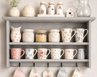 Asta - Mensola da parete in stile rustico con ganci - Mobile contenitore da cucina in pino massello, espositore per tazze in stile country
