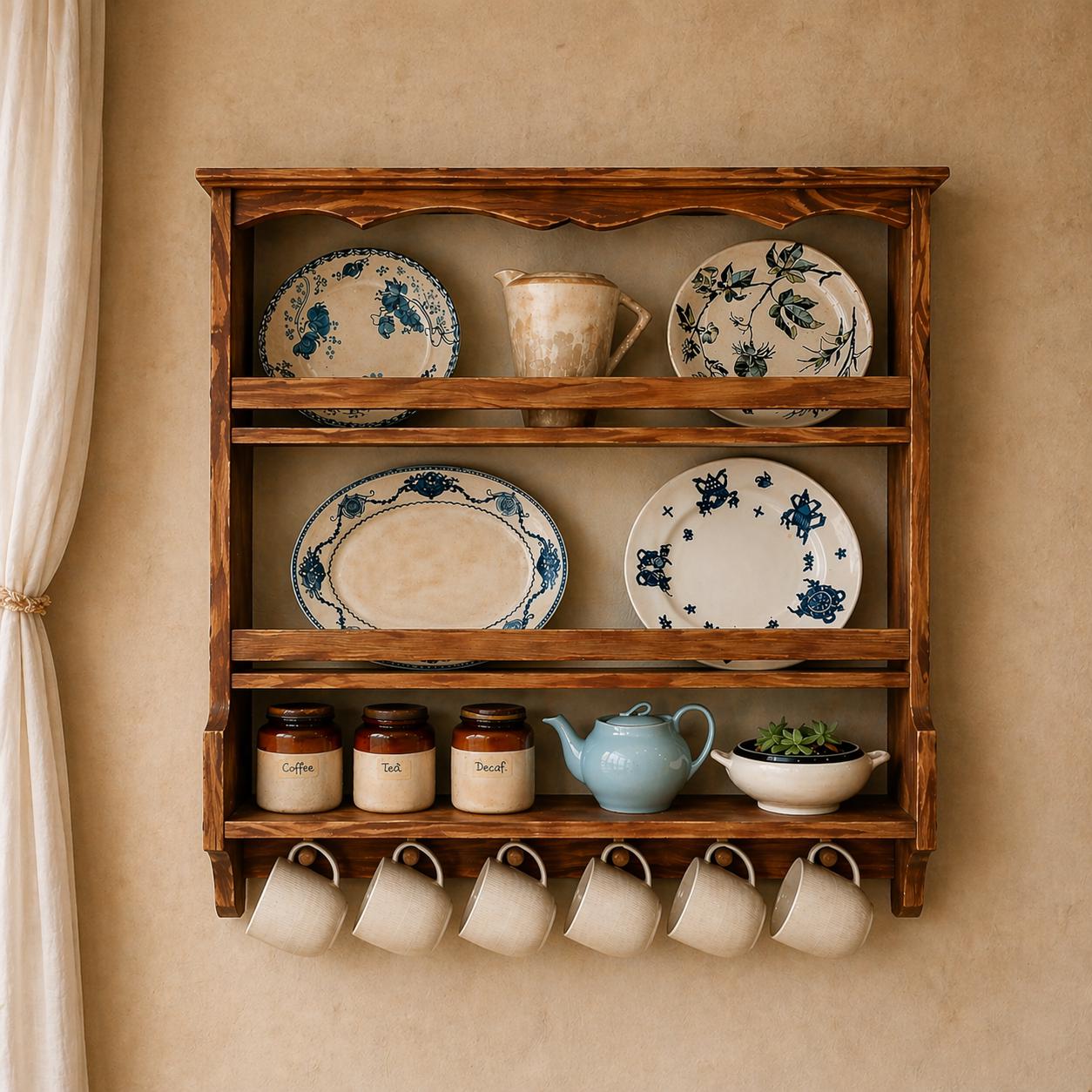Colette – Tellerregal aus Holz – Wandregal aus massiver Kiefer, Küchenaufbewahrung im Landhausstil