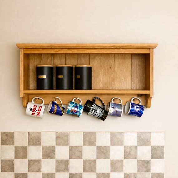 Bastien - Wooden Mug Rack – Solid Pine Wall Shelf with Pegs, Farmhouse Kitchen Storage