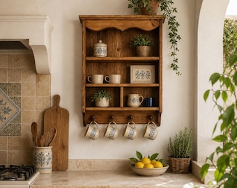 May include: A wooden wall-mounted shelf unit with three tiers and four hooks at the bottom. The shelves hold various ceramic mugs, a small lidded jar, a framed floral print, and potted plants. Four patterned mugs hang from the hooks.