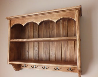s59 Handcrafted Timber Cottage Shelf | Traditional Shelf | Traditionally Crafted Kitchen&#39;s Cabinet | Cottage Unit with Cup Hooks