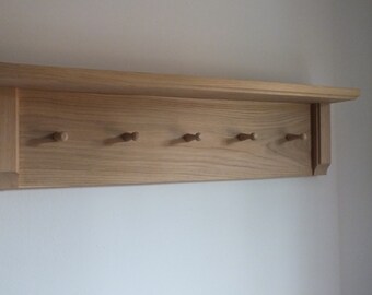 Solid Oak Shelf with Pegs | Rustic Coat Rack | h33