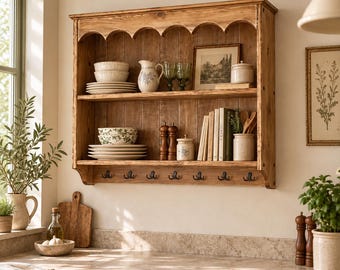May include: A wall-mounted wooden shelf with two tiers and seven black metal hooks along the bottom. The shelf holds stacks of white bowls, a patterned pitcher, green glassware, a framed print, books, and wooden kitchen utensils.