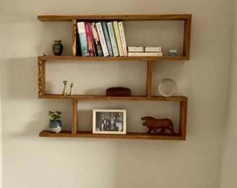 s96 Modern bookshelf made of solid pine | Wall hanging funky shelf| Minimalistic shelving set