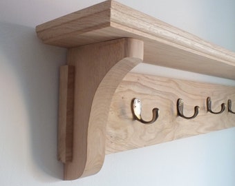 Solid Oak Shelf with Hooks | Wall Mounted Coat Rack | h34