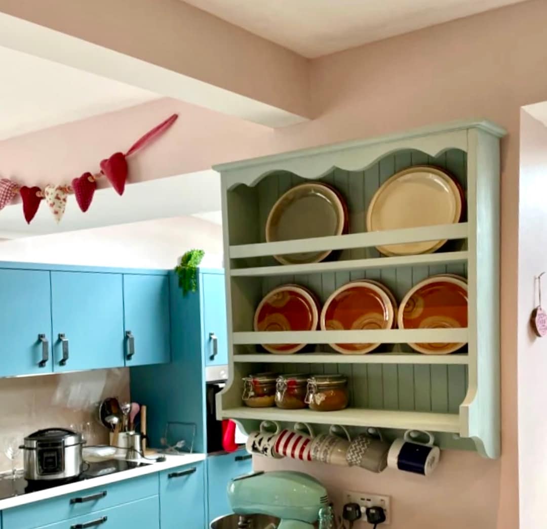 Pine Kitchen Wall Mounted Shelving Cabinet | Cottage Style Dish Rack ...