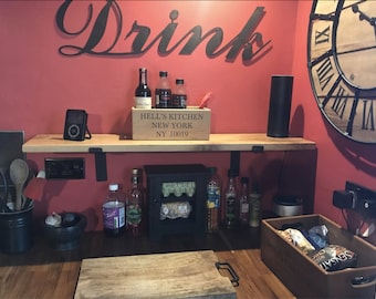 Handmade Solid Oak Hanging Shelf | Black Iron Brackets, Rustic Industrial Decor | m9 2.8x22cm