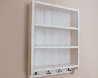 Handmade Pine Wall Shelf with Hooks | Cottage Style Shelving Unit | s66