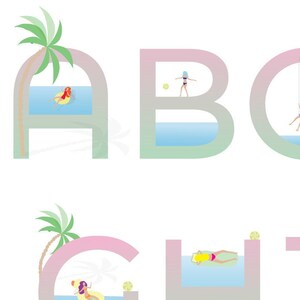 Decoración de pared de obra de arte imprimible tropical de la playa de la jungla de la piscina del alfabeto