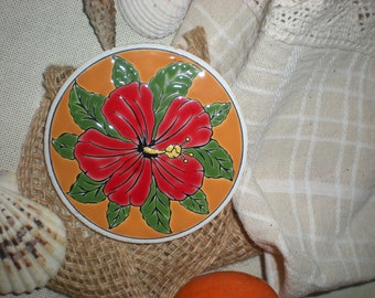 Vintage Greek Ceramic Coaster Hibiscus Design Hand made by Rhodes /Rodos Keramik Pipos Made in Greece