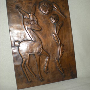 Vintage Roe Deer Hammered Copper Plaque Wall Hang Handmade folk-art rustic décor, Naïve art