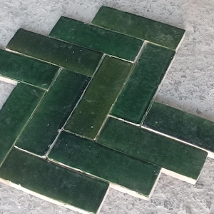 Handmade Moroccan green bejmat zellige tile, traditional rectangular tile for bathroom , kitchen, fireplace, outdoor decor 150 PCs/square m