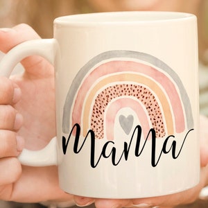 Mama coffee mug with cute watercolour rainbow printed on both sides. Cute and thoughtful Mothers Day or Birthday gift for your beloved mom. 11oz - White