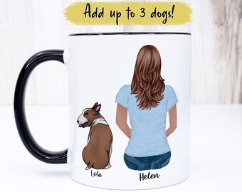 Personalized dog mug with custom names, hairstyle and dogs breed. Customize it now and create a lovely and unique dog lover gift for her.