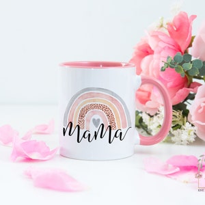 Mama coffee mug with cute watercolour rainbow printed on both sides. Cute and thoughtful Mothers Day or Birthday gift for your beloved mom. 11oz - White & Pink