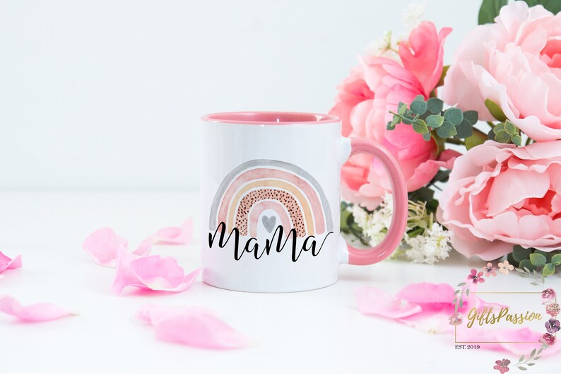 Mama coffee mug with cute watercolour rainbow printed on both sides. Cute and thoughtful Mothers Day or Birthday gift for your beloved mom. 11oz - White & Pink