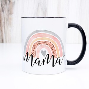 Mama coffee mug with cute watercolour rainbow printed on both sides. Cute and thoughtful Mothers Day or Birthday gift for your beloved mom. 11oz - White & Black