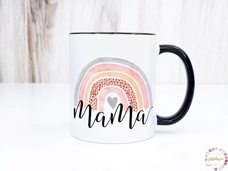 Mama coffee mug with cute watercolour rainbow printed on both sides. Cute and thoughtful Mothers Day or Birthday gift for your beloved mom. 11oz - White & Black