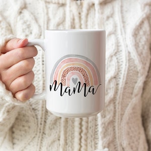 Mama coffee mug with cute watercolour rainbow printed on both sides. Cute and thoughtful Mothers Day or Birthday gift for your beloved mom. 15oz - White