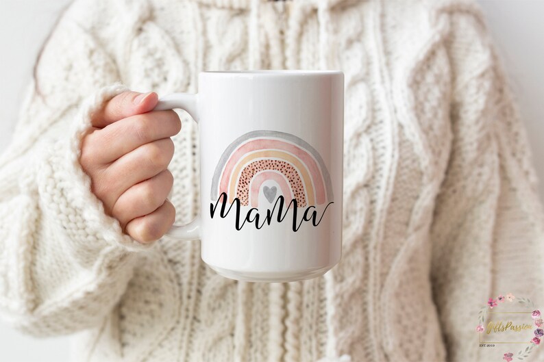 Mama coffee mug with cute watercolour rainbow printed on both sides. Cute and thoughtful Mothers Day or Birthday gift for your beloved mom. 15oz - White