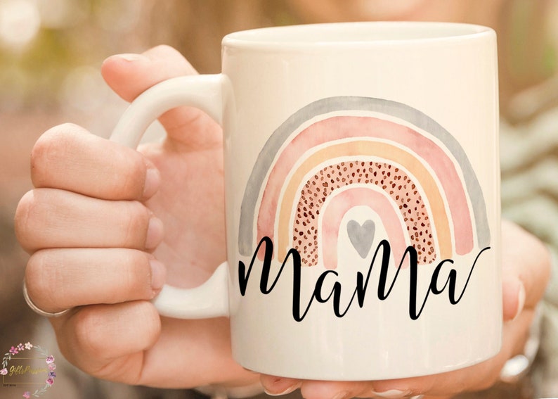 Mama coffee mug with cute watercolour rainbow printed on both sides. Cute and thoughtful Mothers Day or Birthday gift for your beloved mom. 11oz - White