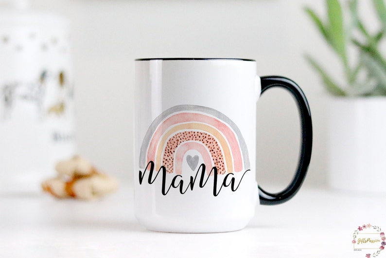 Mama coffee mug with cute watercolour rainbow printed on both sides. Cute and thoughtful Mothers Day or Birthday gift for your beloved mom. 15oz - White & Black