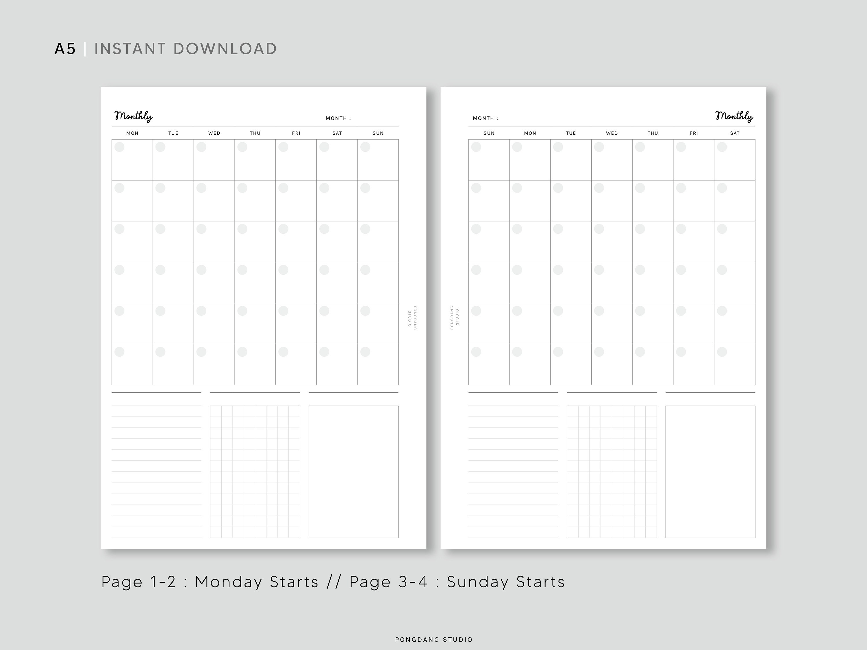 Monthly Planner A5 Printable Inserts Simple Blank Calendar Template ...