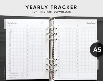 Può includere: Un tracker di umore annuale stampabile in formato PDF di dimensioni A5. Il tracker ha una griglia con colonne per ogni mese dell'anno e righe per ogni giorno del mese. C'è una legenda di colori con diversi colori che rappresentano diversi stati d'animo, come felice, gioioso, stressato, arrabbiato, triste, malato, stanco e produttivo.
