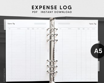 May include: A white A5 size printable expense log template for a ring binder. The template has columns for date, expenses, credit card, debit card, cash, and balance.
