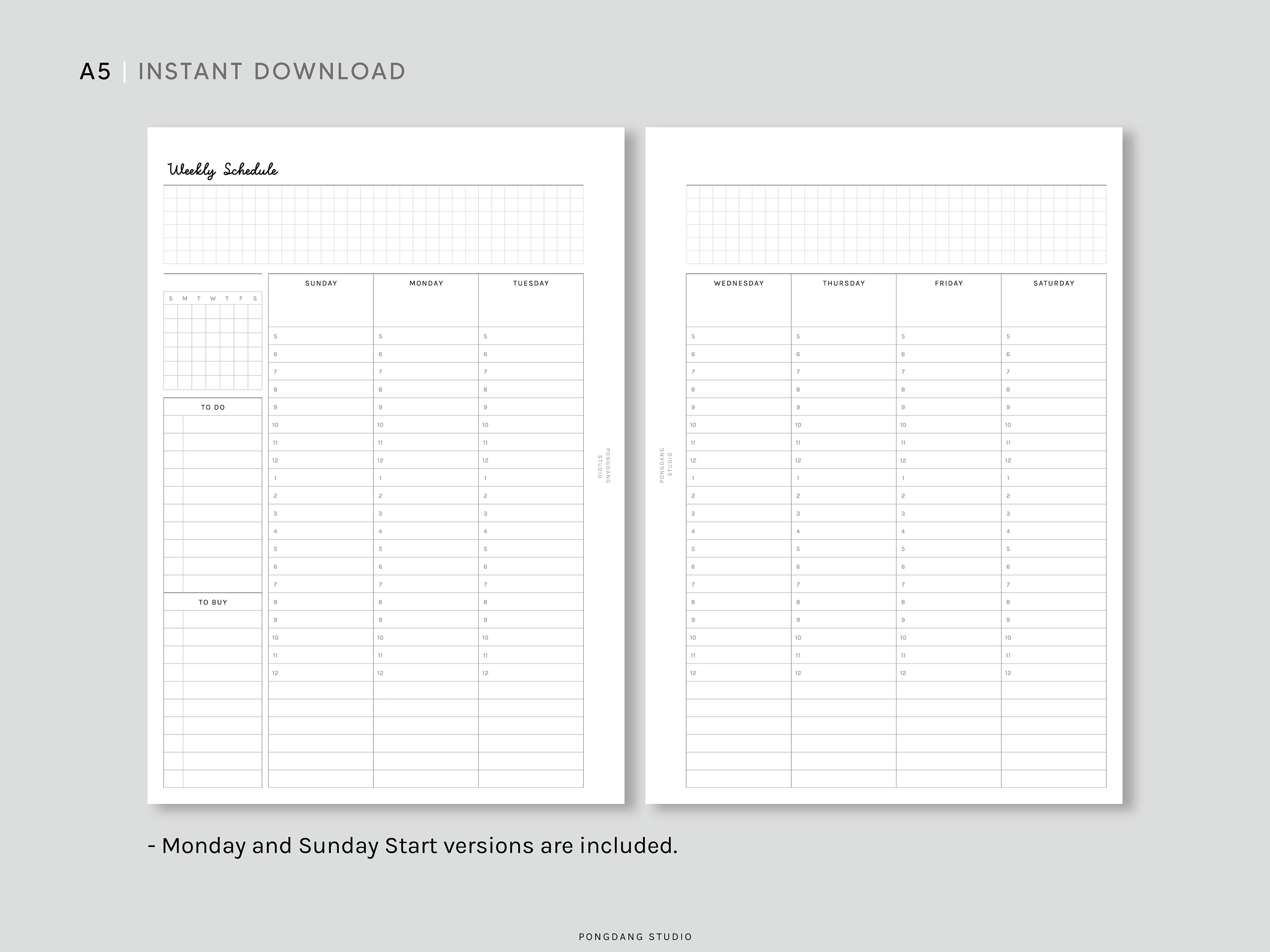 Weekly Schedule A5 Printable Planner Inserts Undated WO2P Etsy