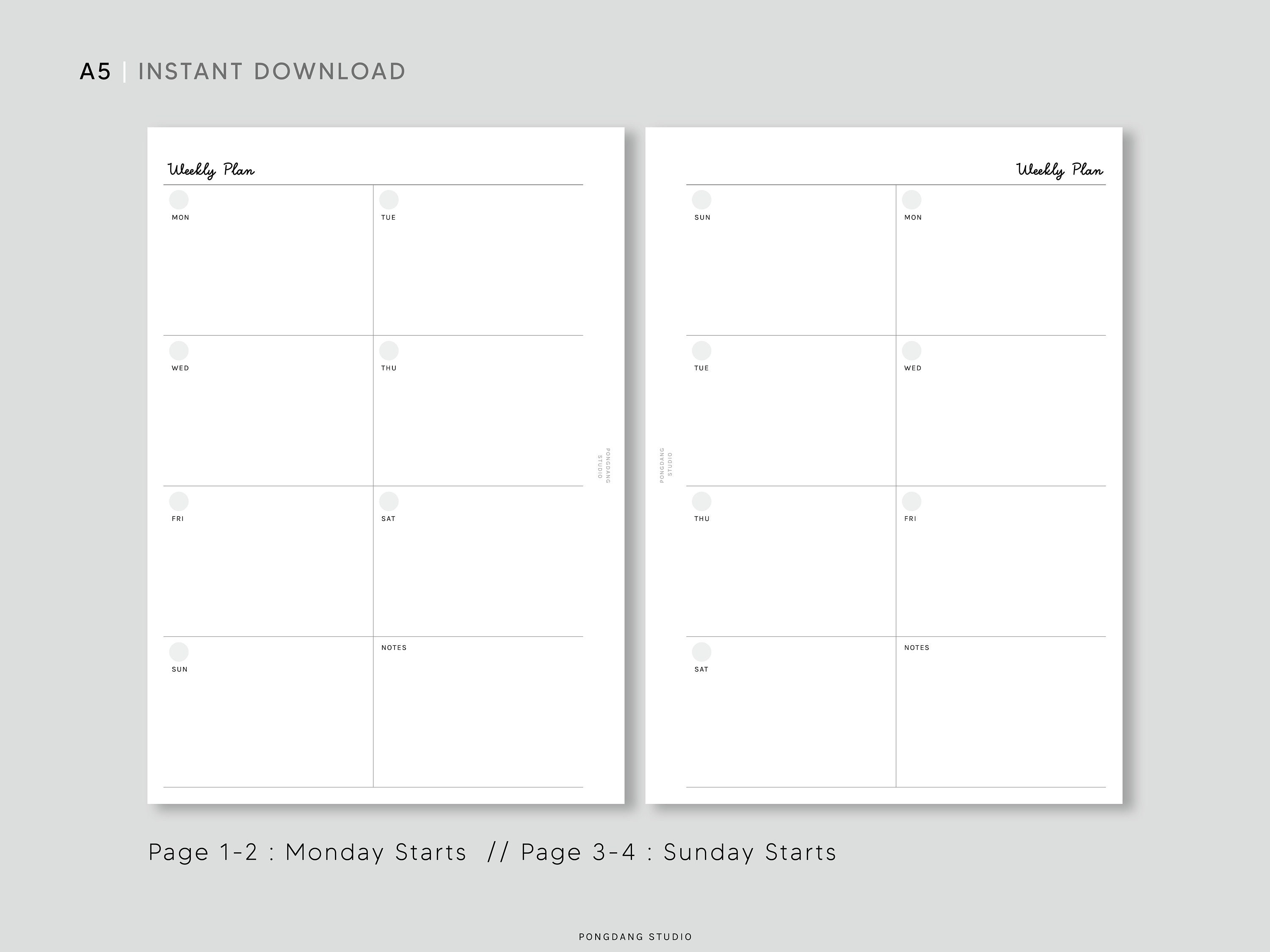 Weekly Planner | A5 Printable Inserts | Simple Undated WO1P Sheet ...