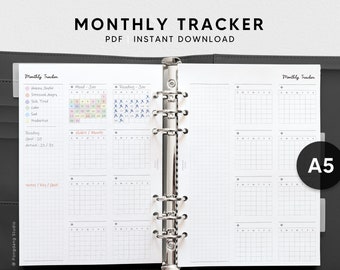 Monthly Tracker Sheet | A5 Printable Planner Inserts | Blank Calendar Template | Tracking Mood Habit | Bullet Journal | Instant Download