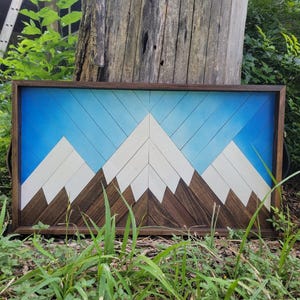 Handcrafted Mountain Wood Mosaic Art | Rustic Landscape Wall Decor in Blue and Natural Tones