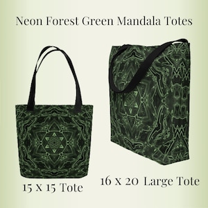 May include: Two tote bags with a green mandala design. The smaller tote is 15 inches by 15 inches. The larger tote is 16 inches by 20 inches.
