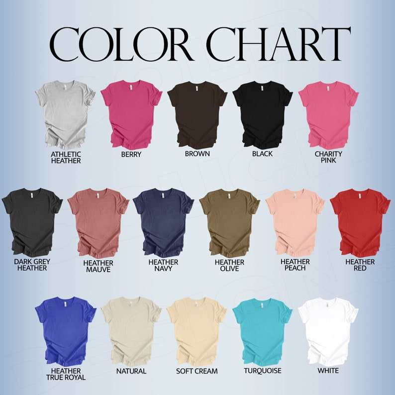 May include: Color chart showing 18 different t-shirt colors. The colors include athletic heather, berry, brown, black, charity pink, dark grey heather, heather mauve, heather navy, heather olive, heather peach, heather red, heather true royal, natural, soft cream, turquoise, and white.