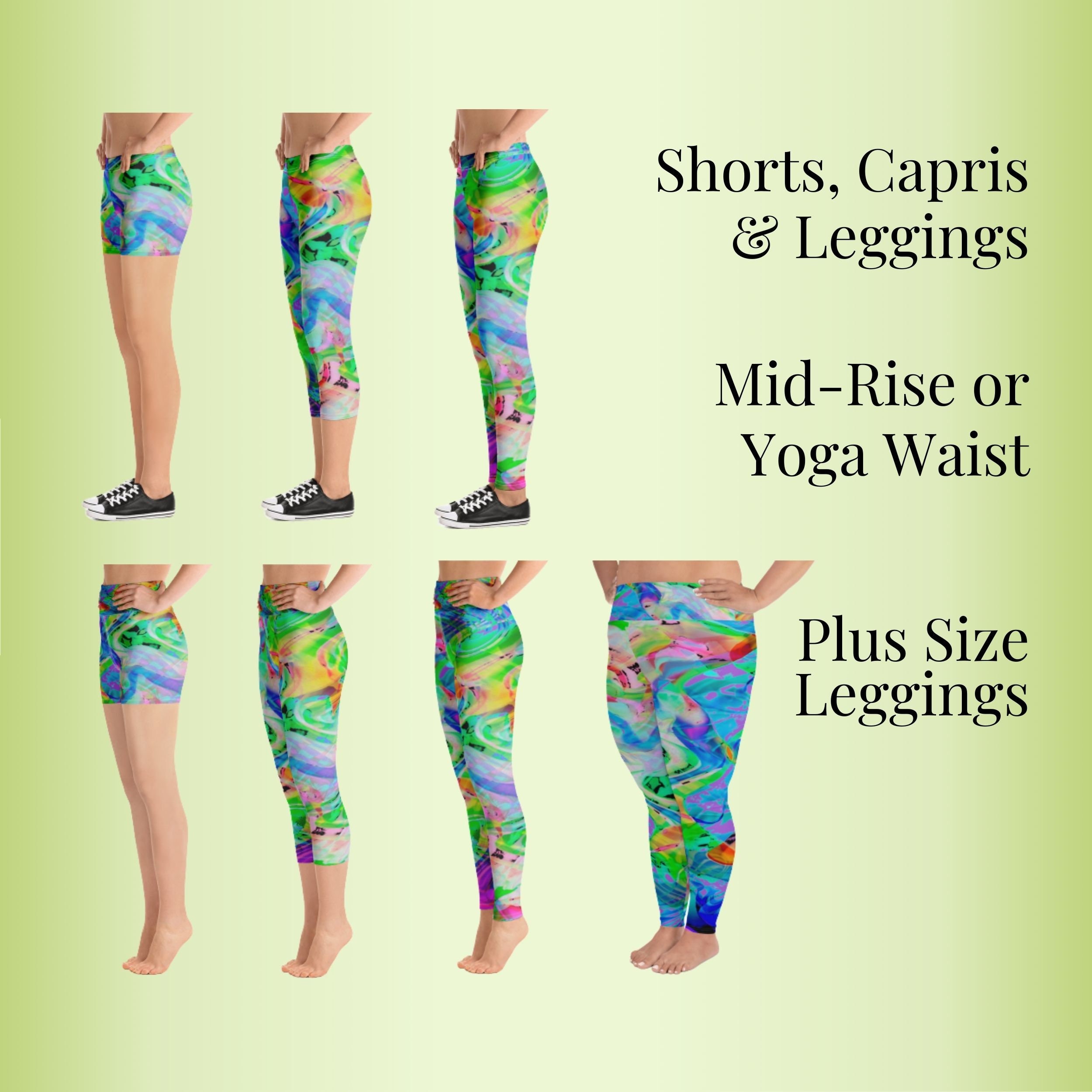 Colorful Psychedelic Yoga and Mid-Rise Leggings Capris & Shorts, Bright and Colorful Active Wear, Sports and Fitness Tights and Shorts, A311