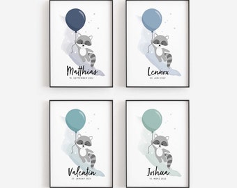 Geburtsposter Namensbild Waschbär Luftballon Junge personalisiert Kinderzimmer Kunstdruck Wanddeko Geburt Geschenk