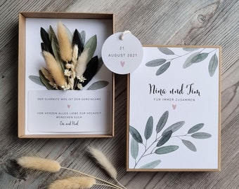 Geschenkschachtel zur Hochzeit | Blumenstrauß aus Trockenblumen | personalisiertes Hochzeitsgeschenk | Geschenkbox für Geld oder Gutschein