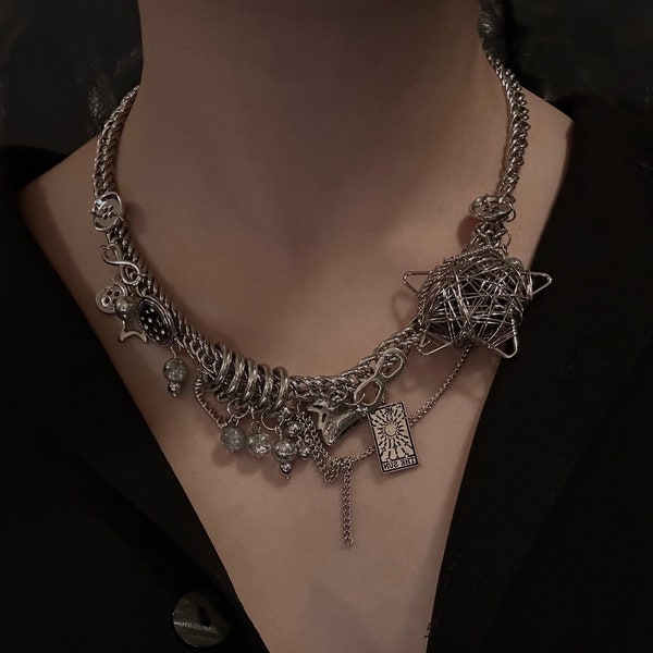 Unique Design Punk Dark Alternative Fashion Style Sliver Choker Necklace with Chains and Stars, Y2K Jewelry , Valentine Gift, Girl friend