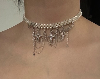 Pearl Necklace with Three Silver Stars | Punk | Dark | Alternative Fashion | Y2K Jewelry | Valentine Gift | Girl friend | Underground party