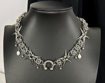 Chainmail Choker with Spike Flowers and real dropping pearls